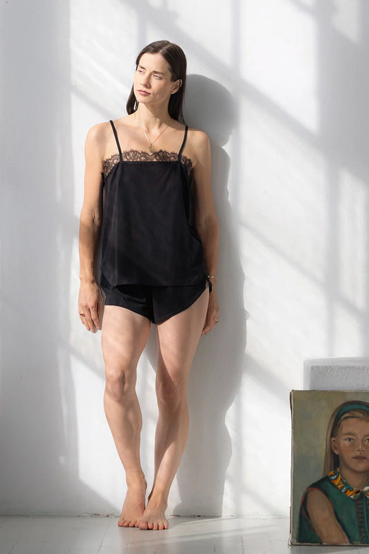 Sofia Brushed Pima Cotton Lace Camisole & Shorts Set in Black - SHORTS photo