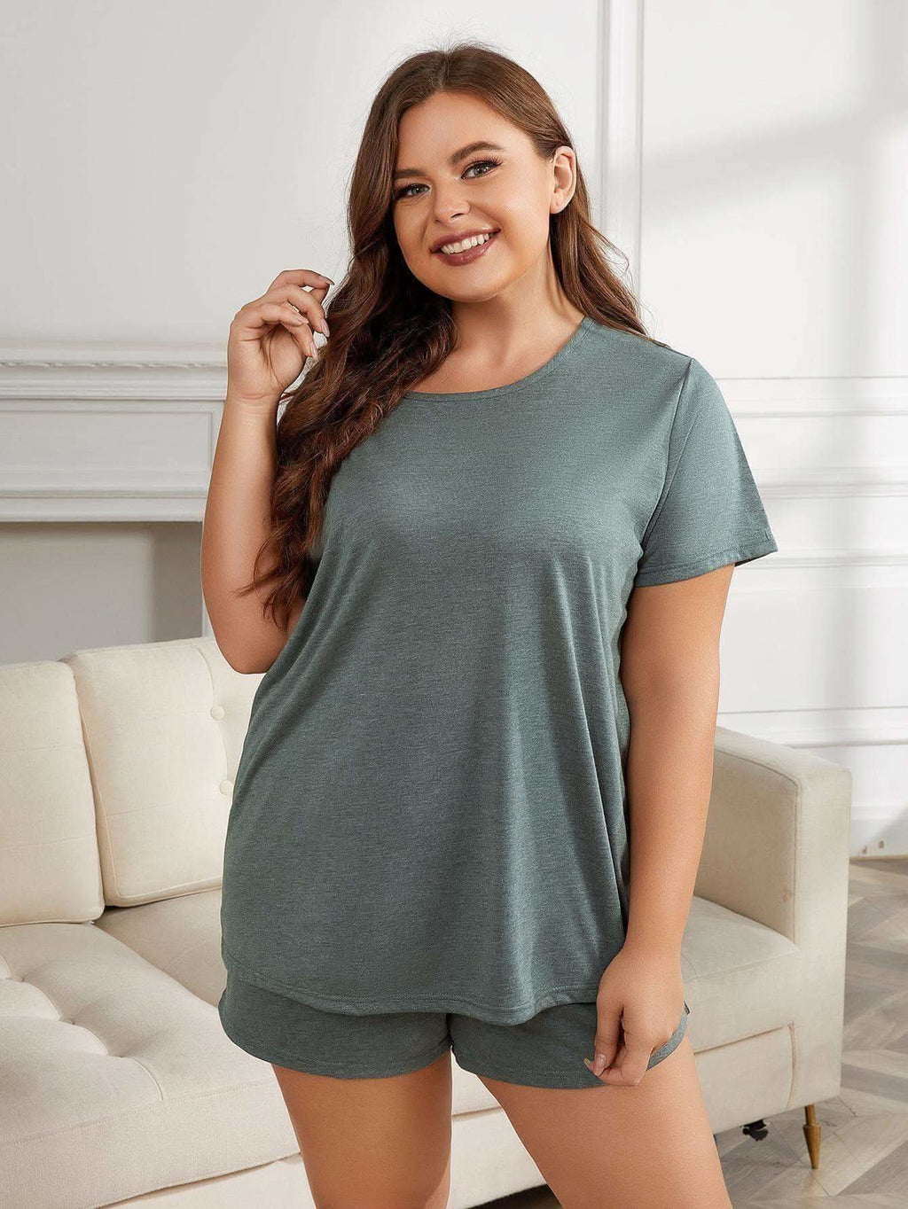 Sonia Plus Size Round Neck Short Sleeve Two-Piece Loungewear Set - SwagglyLife Home & Fashion