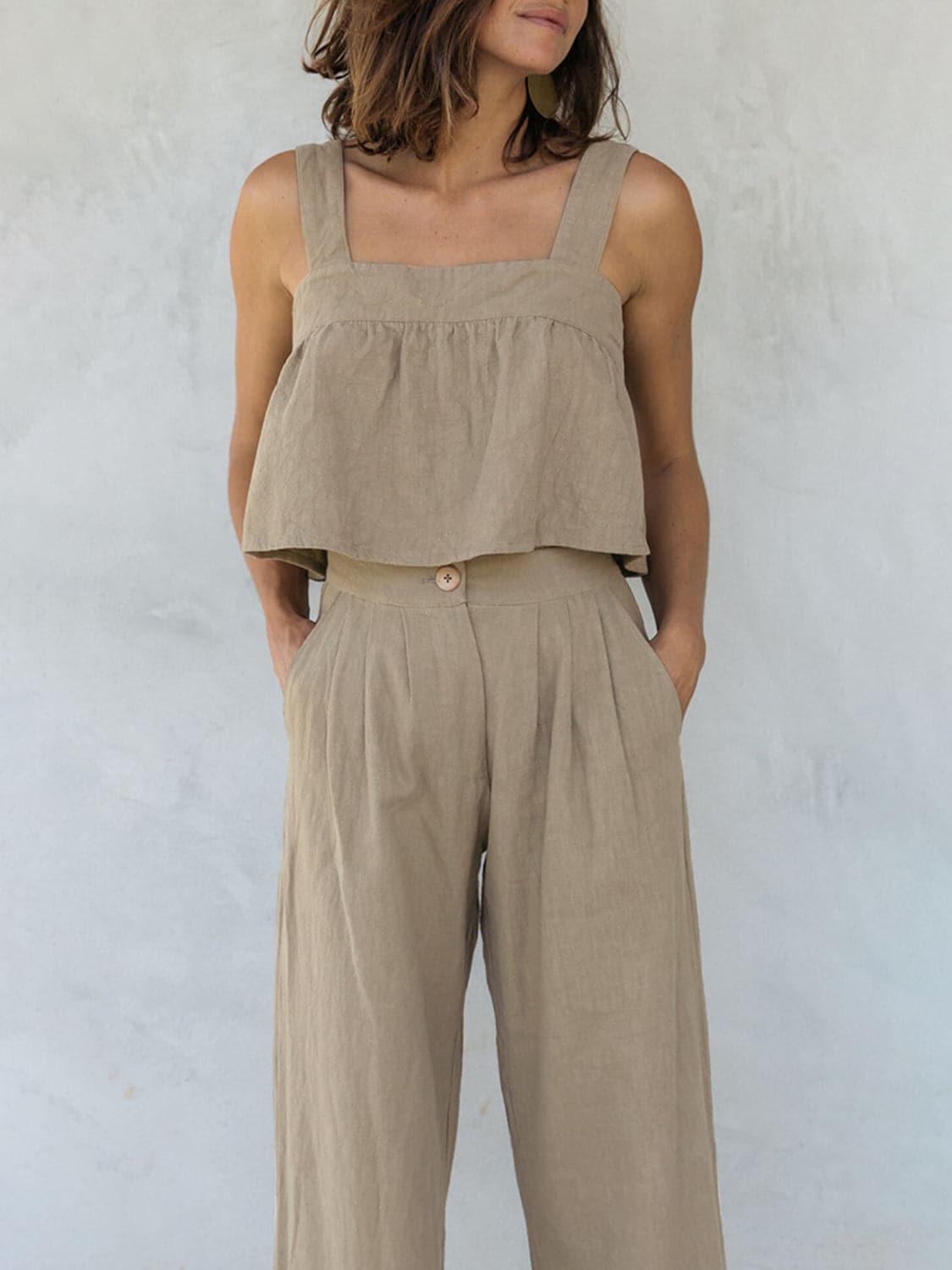 Square Neck Wide Strap Top and Pants Set - SwagglyLife Home & Fashion