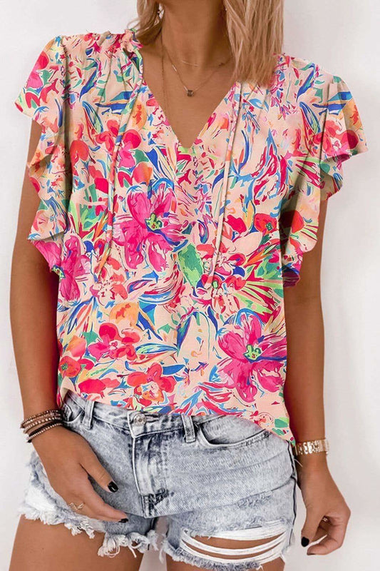 Stacey Ruffled Printed Tie Neck Cap Sleeve Blouse in Floral - Shirts & Tops photo