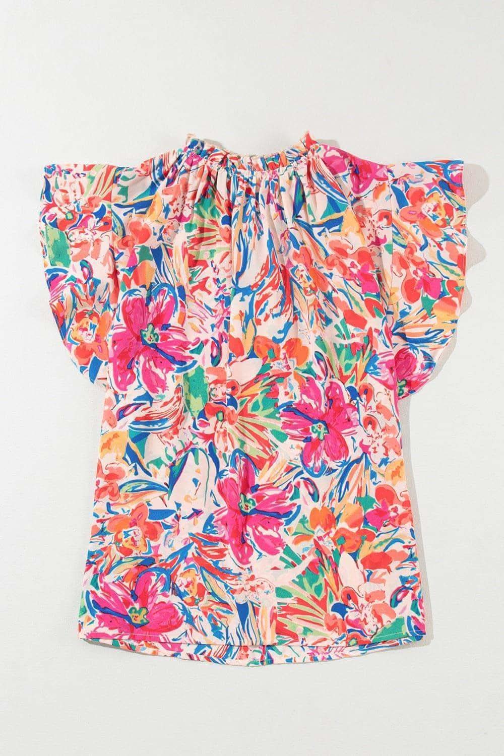 Stacey Ruffled Printed Tie Neck Cap Sleeve Blouse - SwagglyLife Home & Fashion