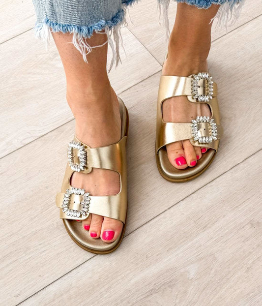 Stellar Rhinestone Buckle Slides in Gold in 10.0 - Shoes photo