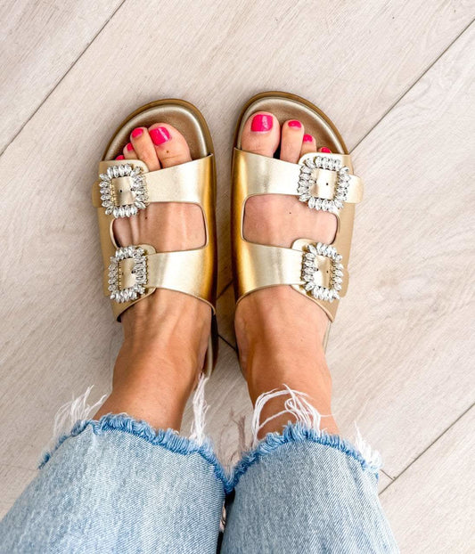 Stellar Rhinestone Buckle Slides in Gold in - Shoes photo
