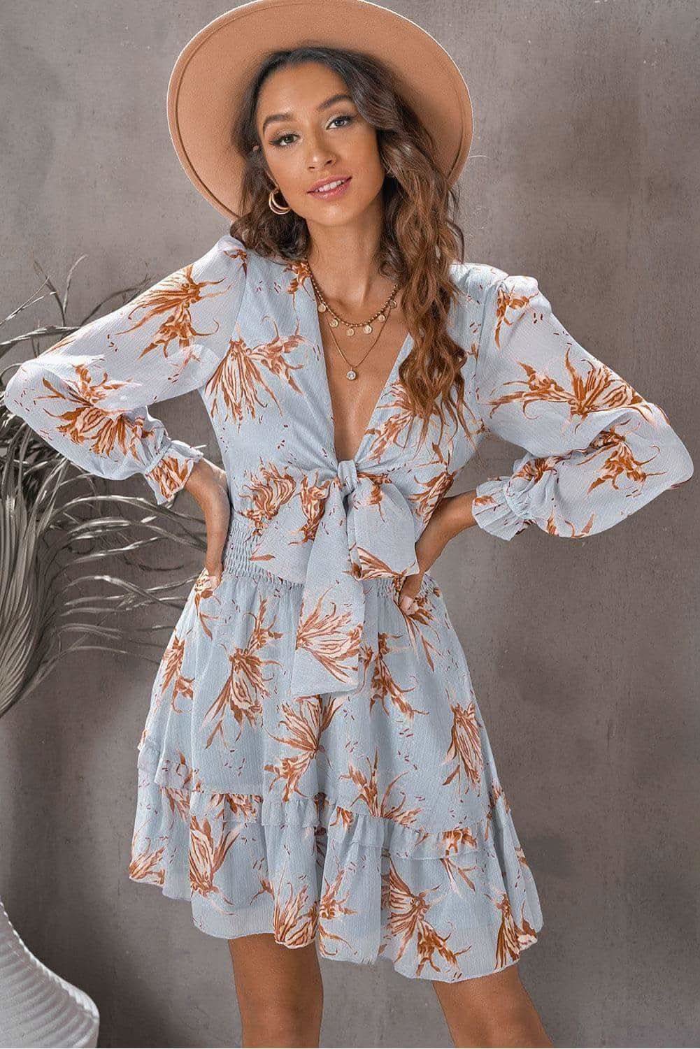 Steph Floral Deep V Flounce Sleeve Mini Dress - SwagglyLife Home & Fashion