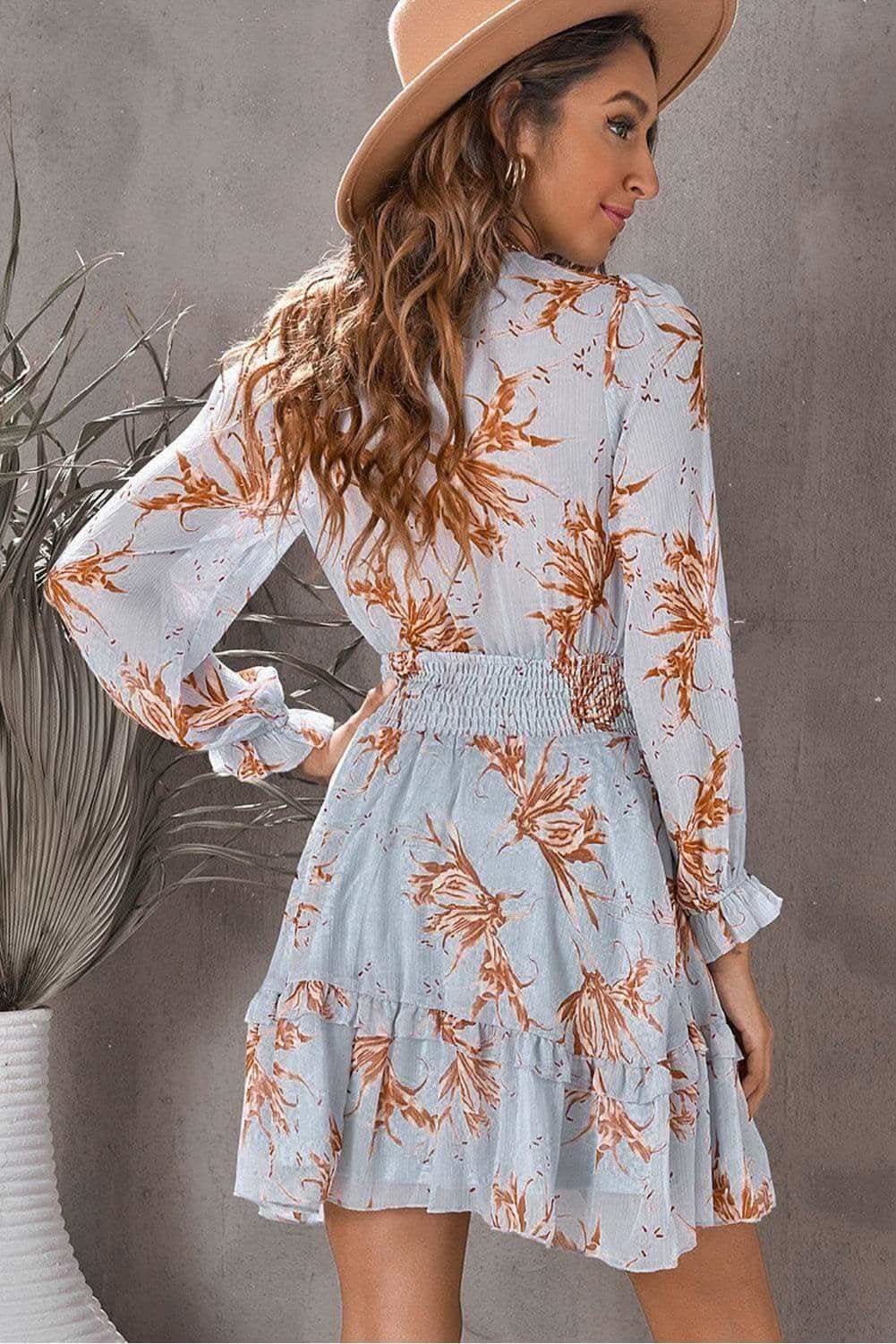 Steph Floral Deep V Flounce Sleeve Mini Dress - SwagglyLife Home & Fashion