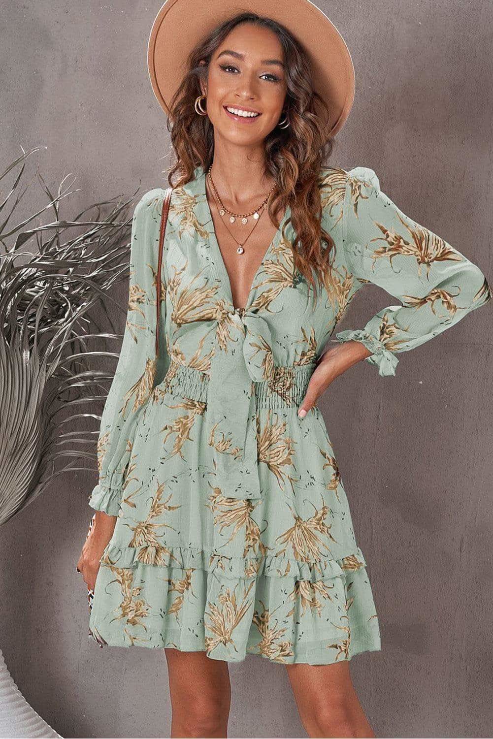 Steph Floral Deep V Flounce Sleeve Mini Dress - SwagglyLife Home & Fashion