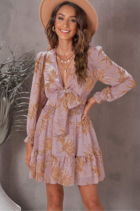 Steph Floral Deep V Flounce Sleeve Mini Dress in Light Mauve - Dresses photo