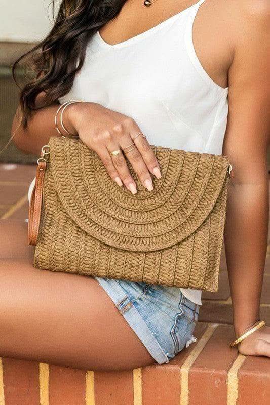 Straw Foldover Convertible Clutch, 3 Colors in Mocha OneSize - Handbags, Wallets & Cases photo