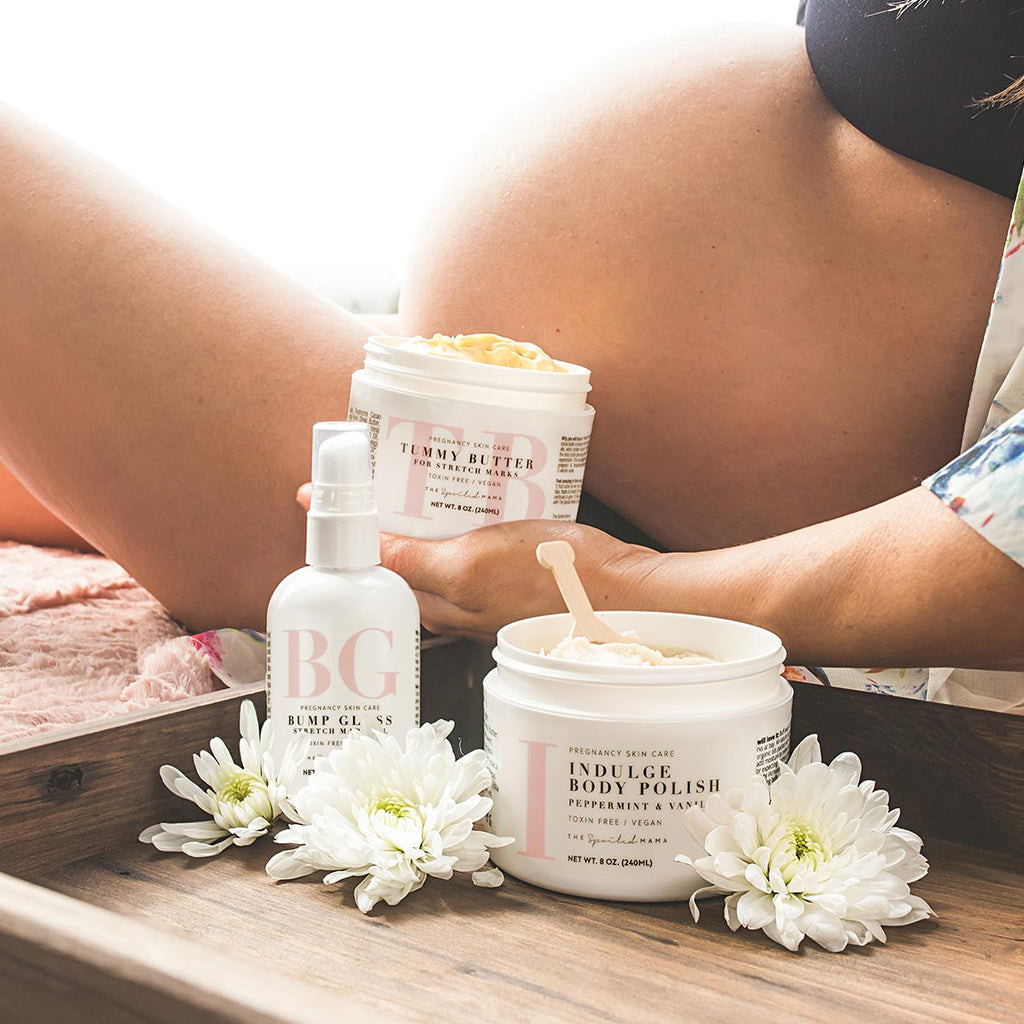 Stretch Mark Prevention Trio in - Maternity Gift Basket > pregnancy belly cream > best oil for pregnancy stretch marks > new mom gift > gift for pregnant woman > mom to be gift set > pregnancy creams to prevent stretch marks > stretch mark kit > stretch mark prevention photo