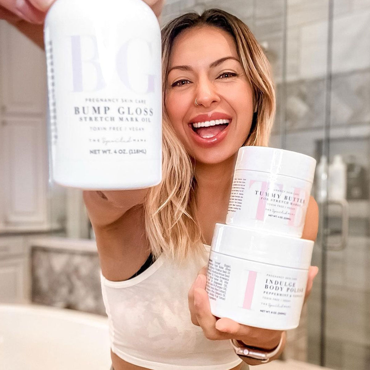 Stretch Mark Prevention Trio in - Maternity Gift Basket > pregnancy belly cream > best oil for pregnancy stretch marks > new mom gift > gift for pregnant woman > mom to be gift set > pregnancy creams to prevent stretch marks > stretch mark kit > stretch mark prevention photo