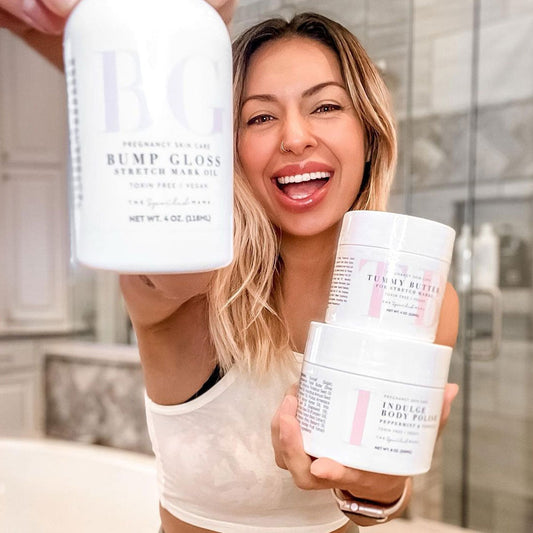 Stretch Mark Prevention Trio in - Maternity Gift Basket > pregnancy belly cream > best oil for pregnancy stretch marks > new mom gift > gift for pregnant woman > mom to be gift set > pregnancy creams to prevent stretch marks > stretch mark kit > stretch mark prevention photo