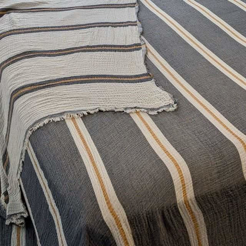 Sunbeam Bedspread Collection – Reversible Organic Turkish Cotton, Striped Design, Fits Queen/King