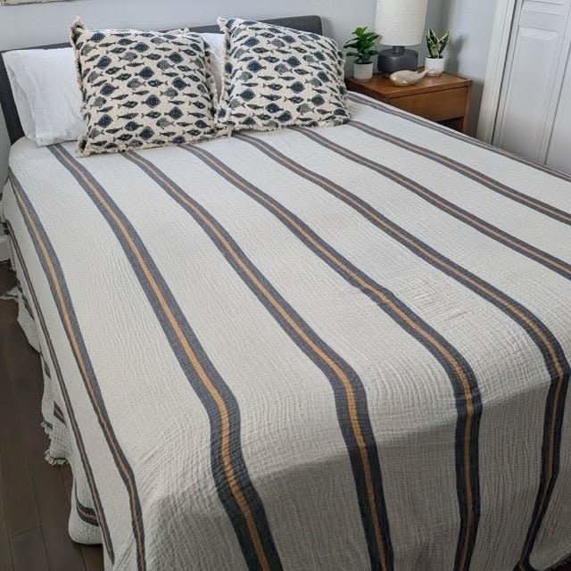 Sunbeam Bedspread Collection – Reversible Organic Turkish Cotton, Striped Design, Fits Queen/King