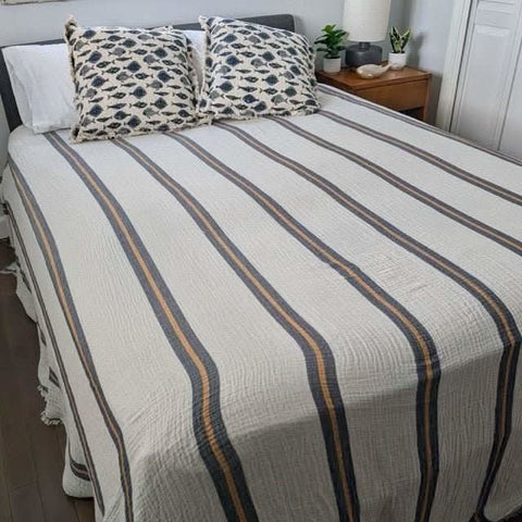 Sunbeam Bedspread Collection – Reversible Organic Turkish Cotton, Striped Design, Fits Queen/King