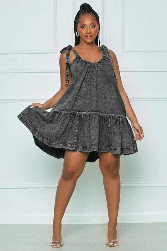 SUNNY SUNDAYS Tie-Strap Ruffle Denim Dress in - Dresses photo