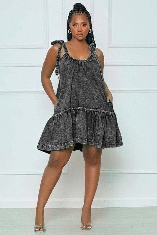 SUNNY SUNDAYS Tie-Strap Ruffle Denim Dress in BLACK GREY - Dresses photo