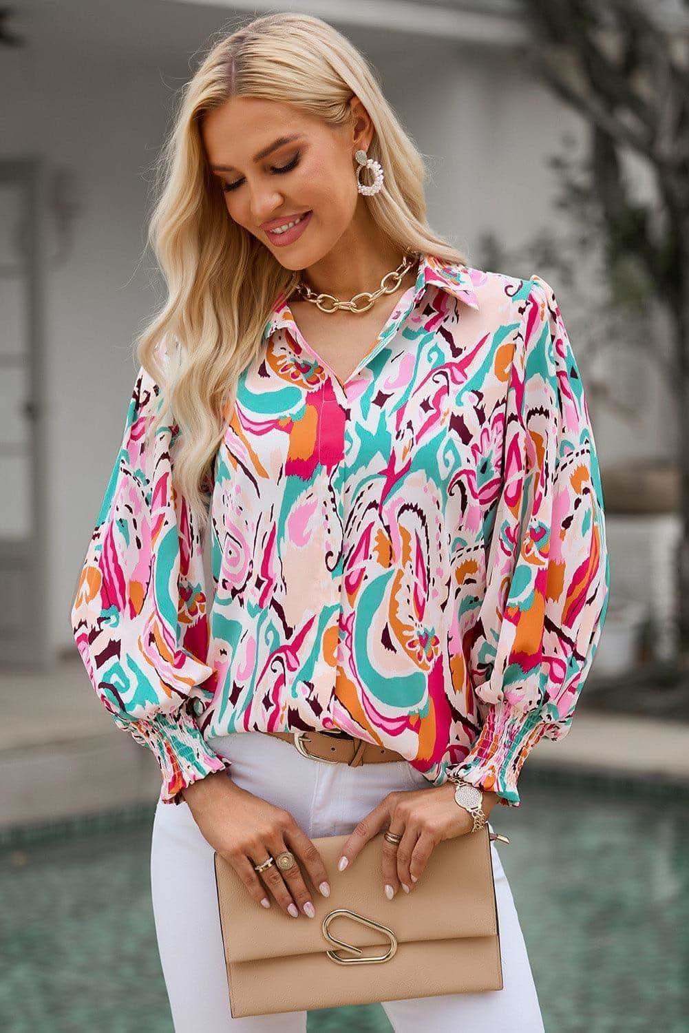 Susan Printed Puff Sleeve Collared Blouse - SwagglyLife Home & Fashion