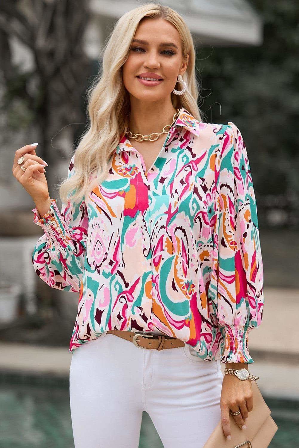 Susan Printed Puff Sleeve Collared Blouse - SwagglyLife Home & Fashion