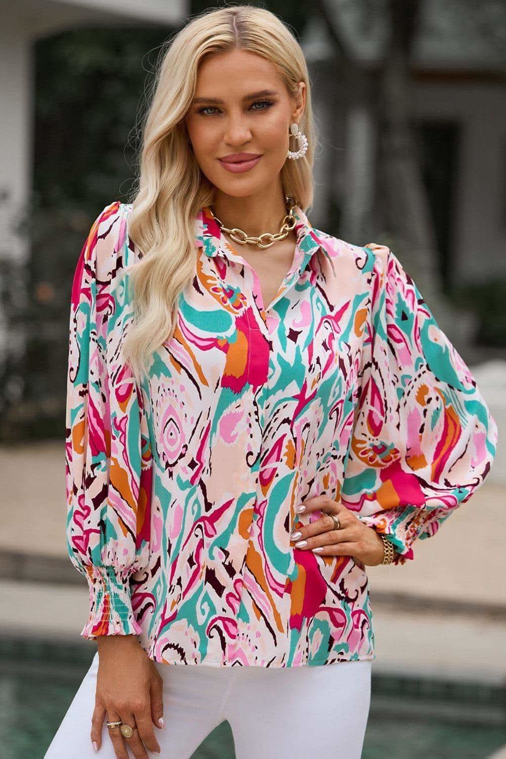 Susan Printed Puff Sleeve Collared Blouse - SwagglyLife Home & Fashion