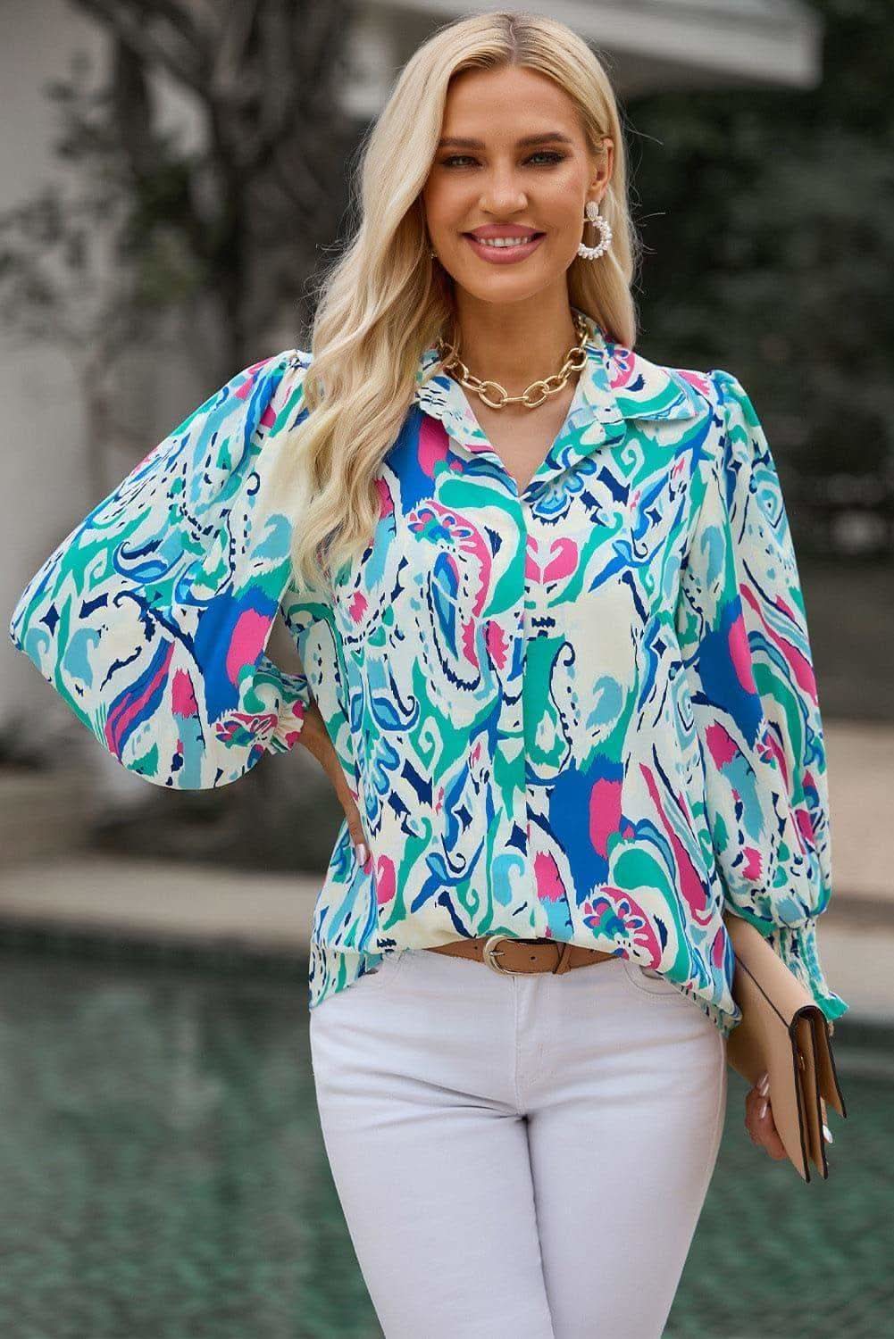 Susan Printed Puff Sleeve Collared Blouse - SwagglyLife Home & Fashion