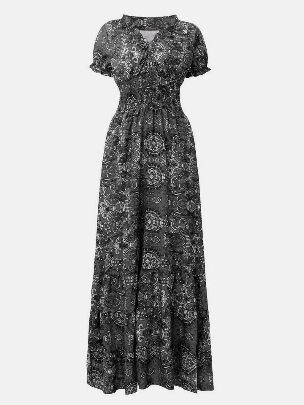 Susan Smocked Printed V-Neck Short Sleeve Dress - SwagglyLife Home & Fashion