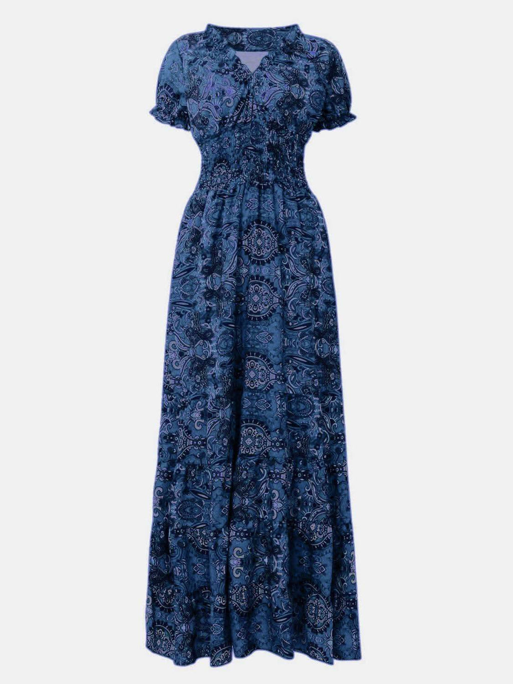 Susan Smocked Printed V-Neck Short Sleeve Dress - SwagglyLife Home & Fashion