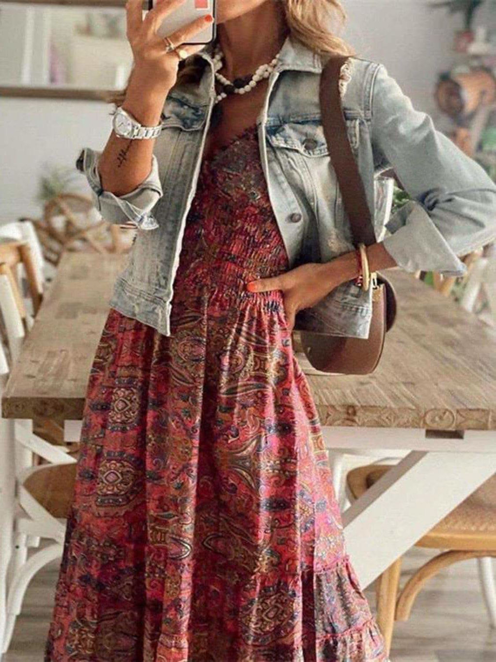 Susan Smocked Printed V-Neck Short Sleeve Dress - SwagglyLife Home & Fashion