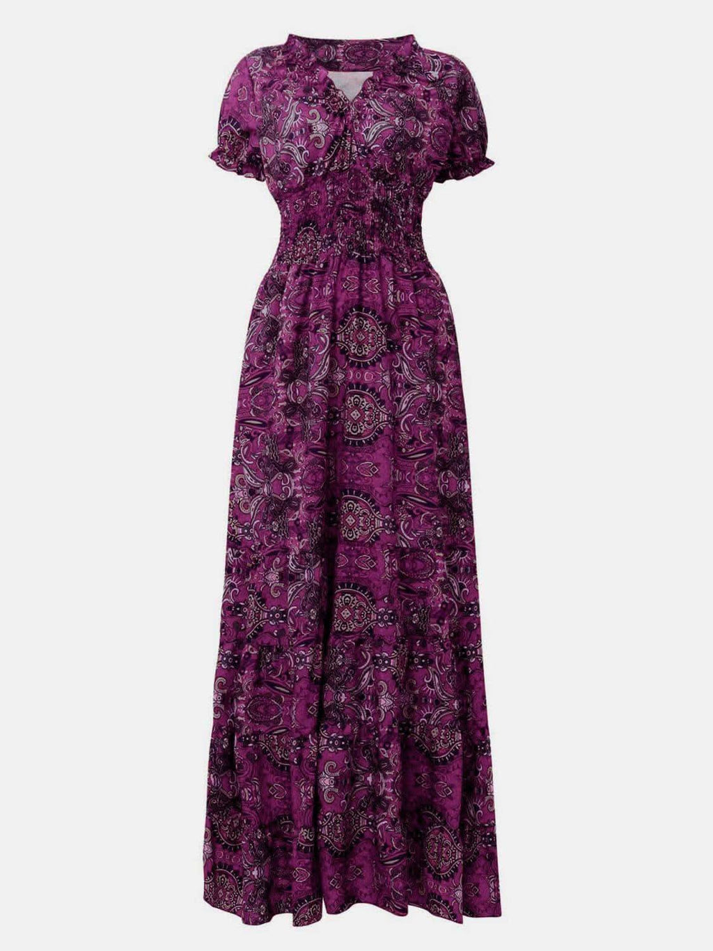 Susan Smocked Printed V-Neck Short Sleeve Dress - SwagglyLife Home & Fashion