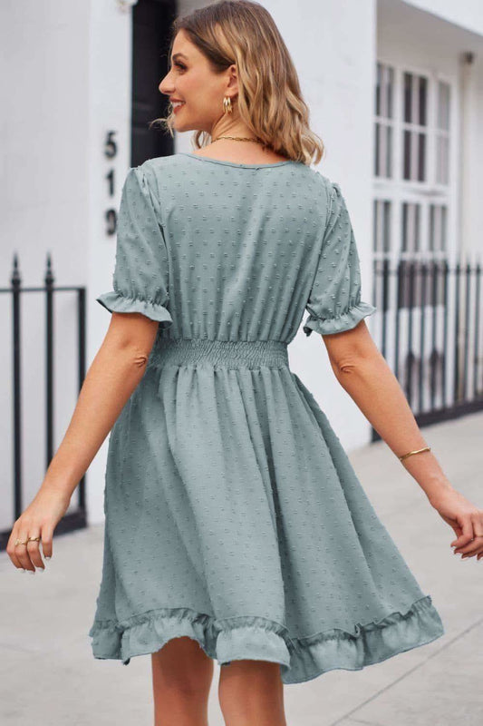 Swiss Dot Frill Trim Flounce Sleeve V-Neck Dress in - Dresses photo