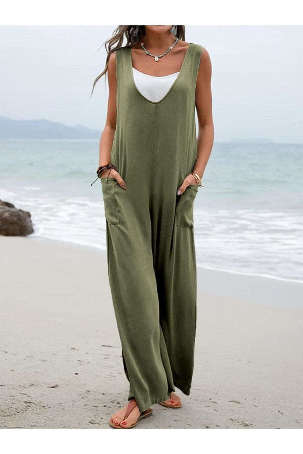 Take a Stroll Full Size Wide Strap Jumpsuit with Pockets - SwagglyLife Home & Fashion
