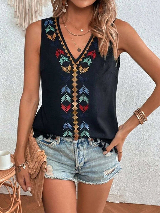 Tassel Printed V-Neck Tank in Black - photo