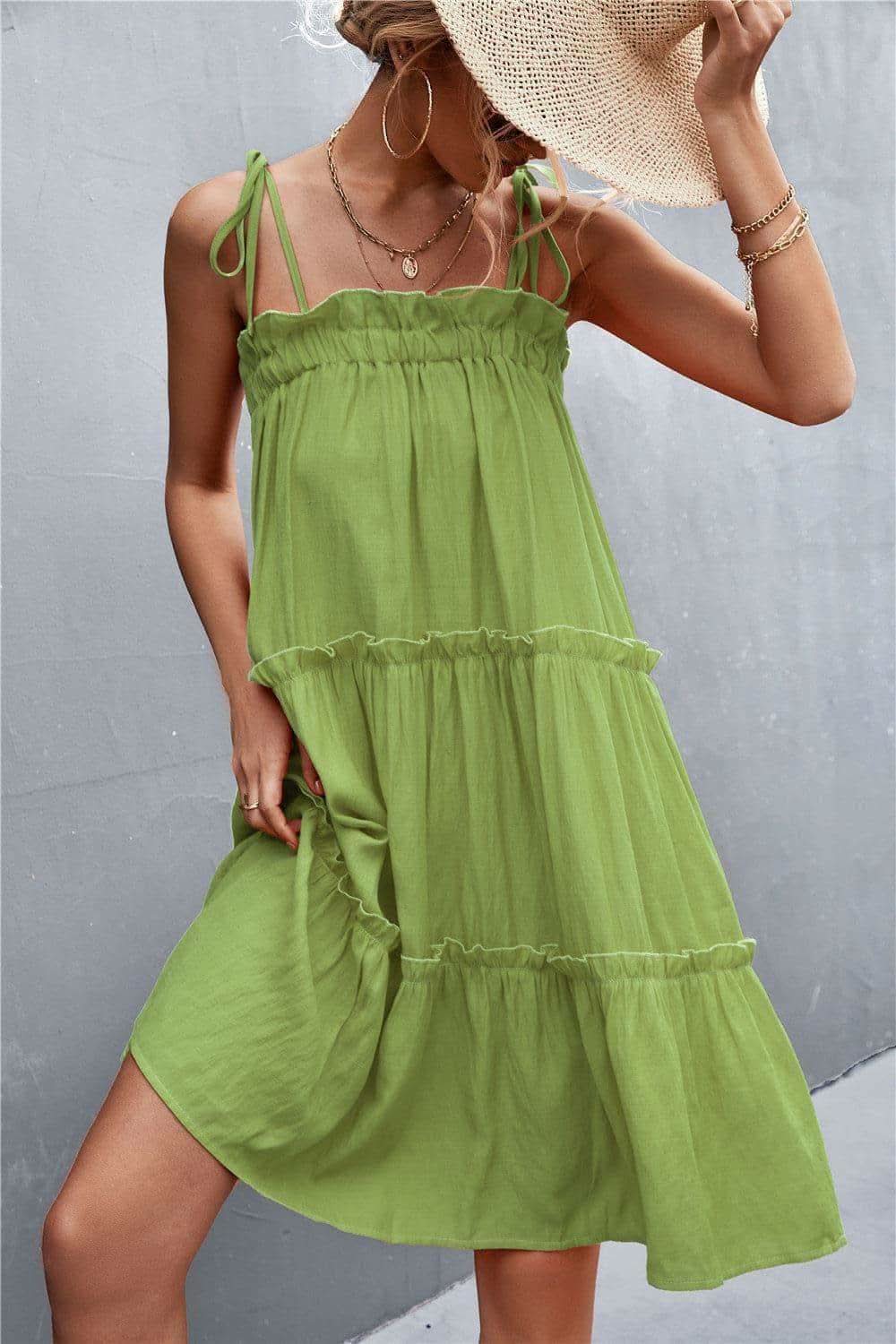 Tie-Shoulder Frill Trim Sleeveless Dress - SwagglyLife Home & Fashion