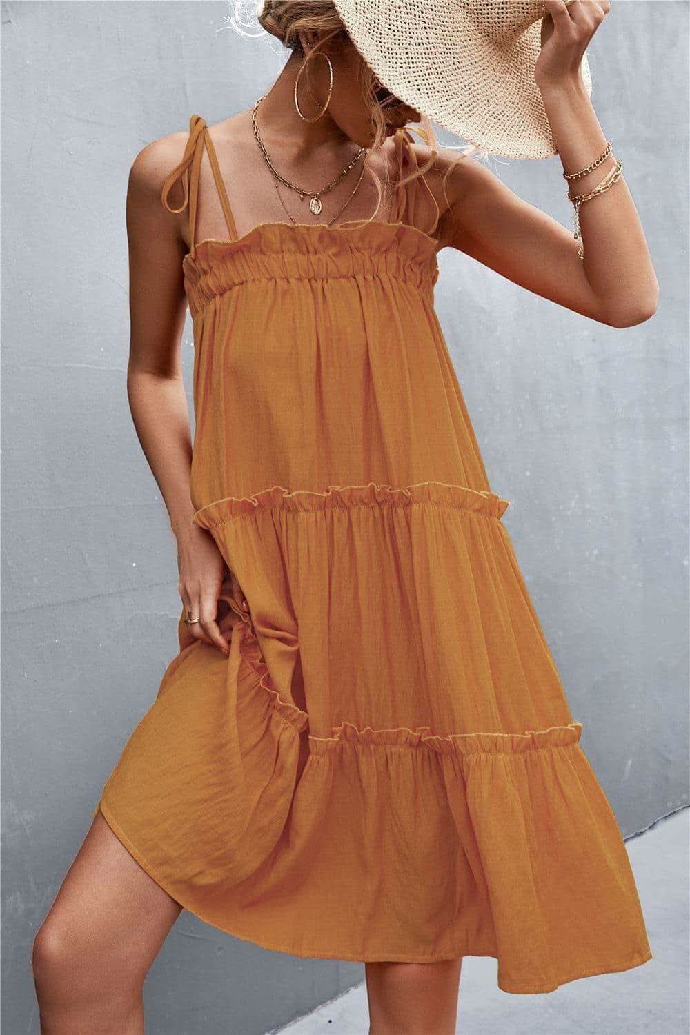 Tie-Shoulder Frill Trim Sleeveless Dress - SwagglyLife Home & Fashion