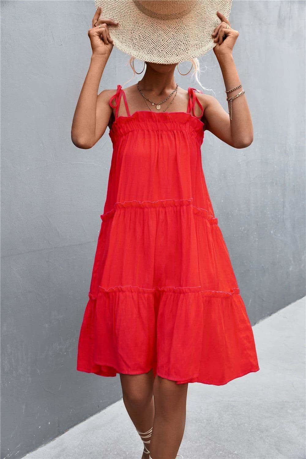 Tie-Shoulder Frill Trim Sleeveless Dress - SwagglyLife Home & Fashion