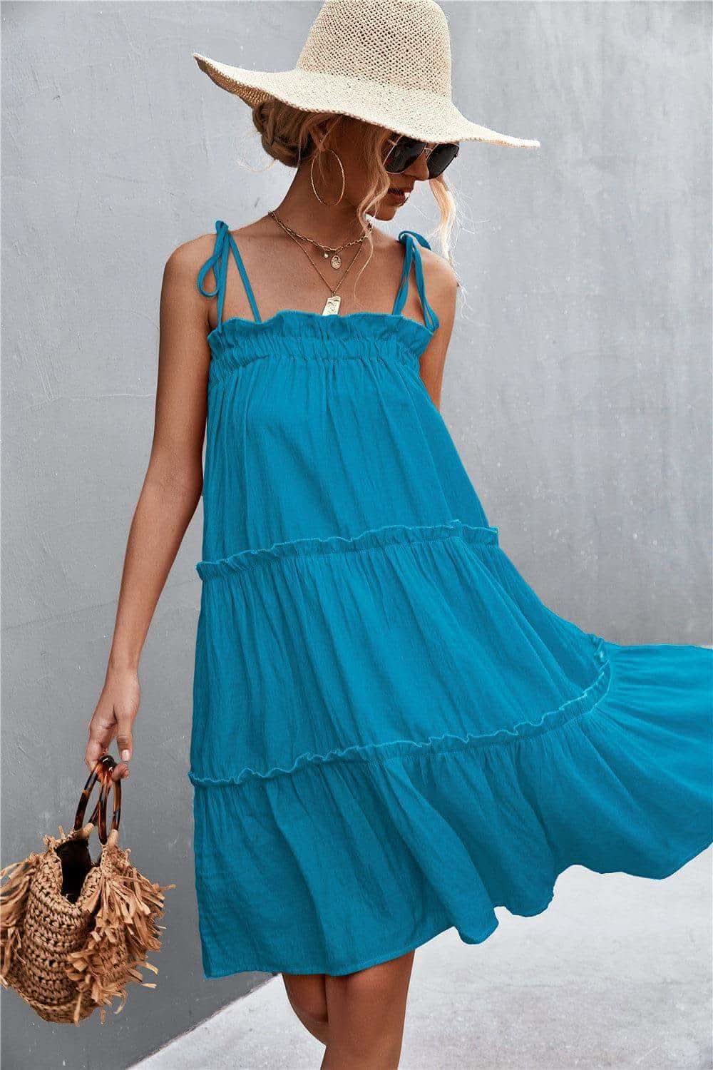 Tie-Shoulder Frill Trim Sleeveless Dress - SwagglyLife Home & Fashion
