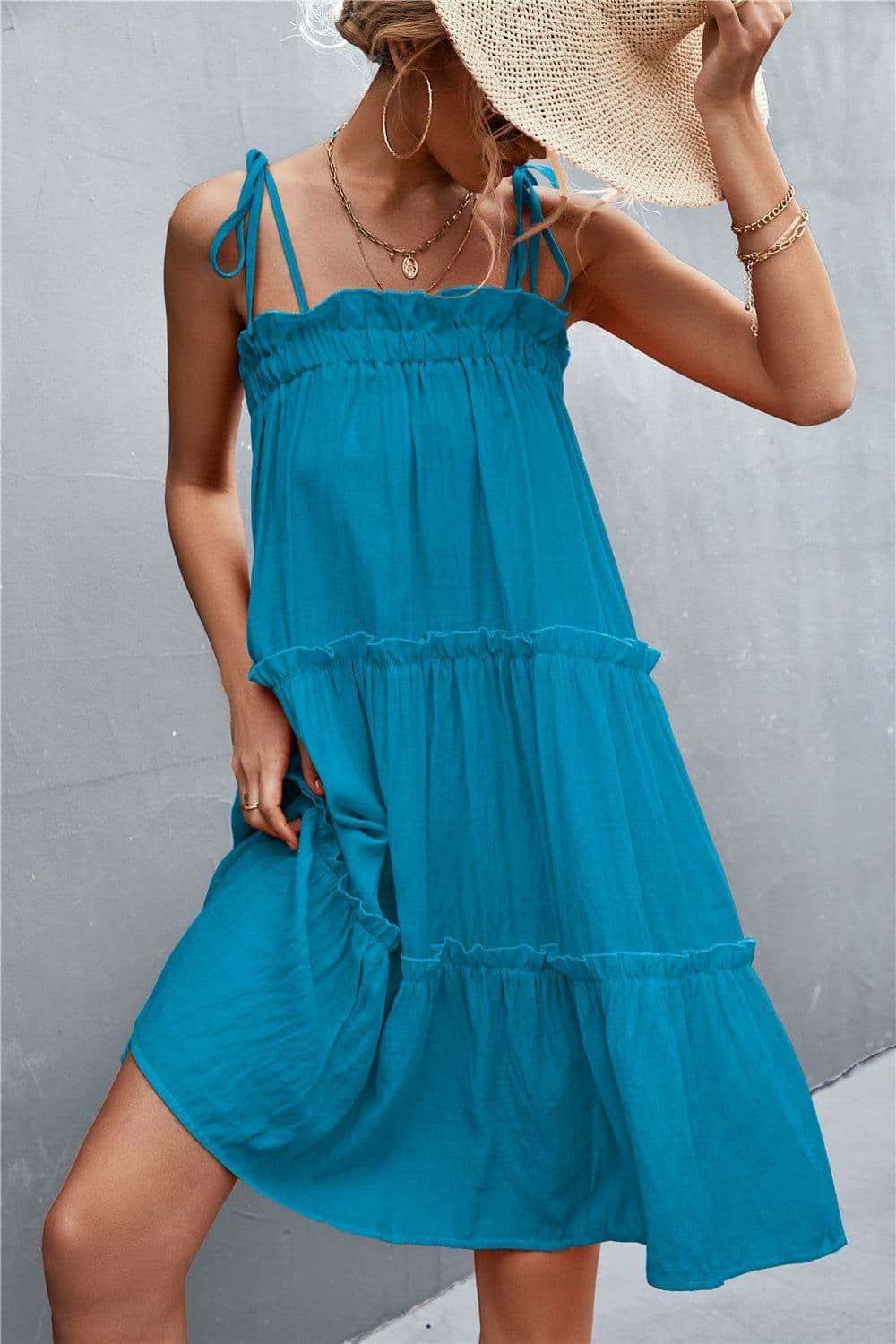 Tie-Shoulder Frill Trim Sleeveless Dress - SwagglyLife Home & Fashion