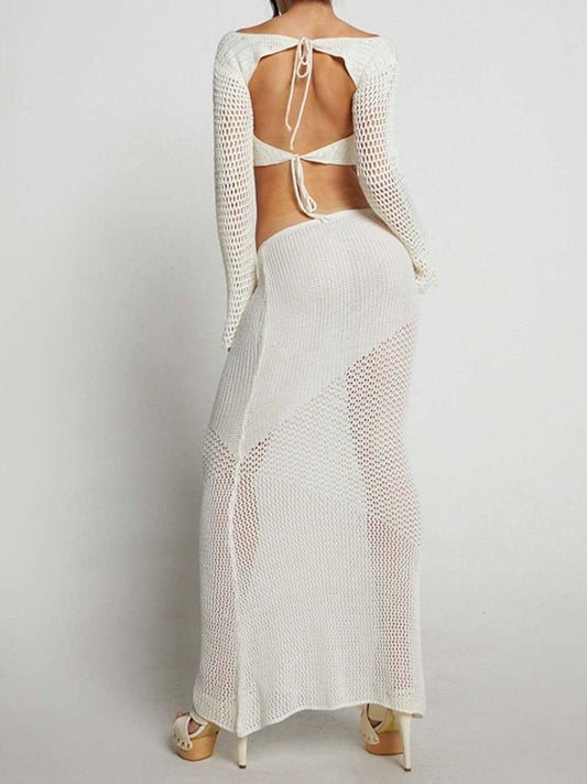Tied Long Sleeve Top and Skirt Cover Up Set in - photo