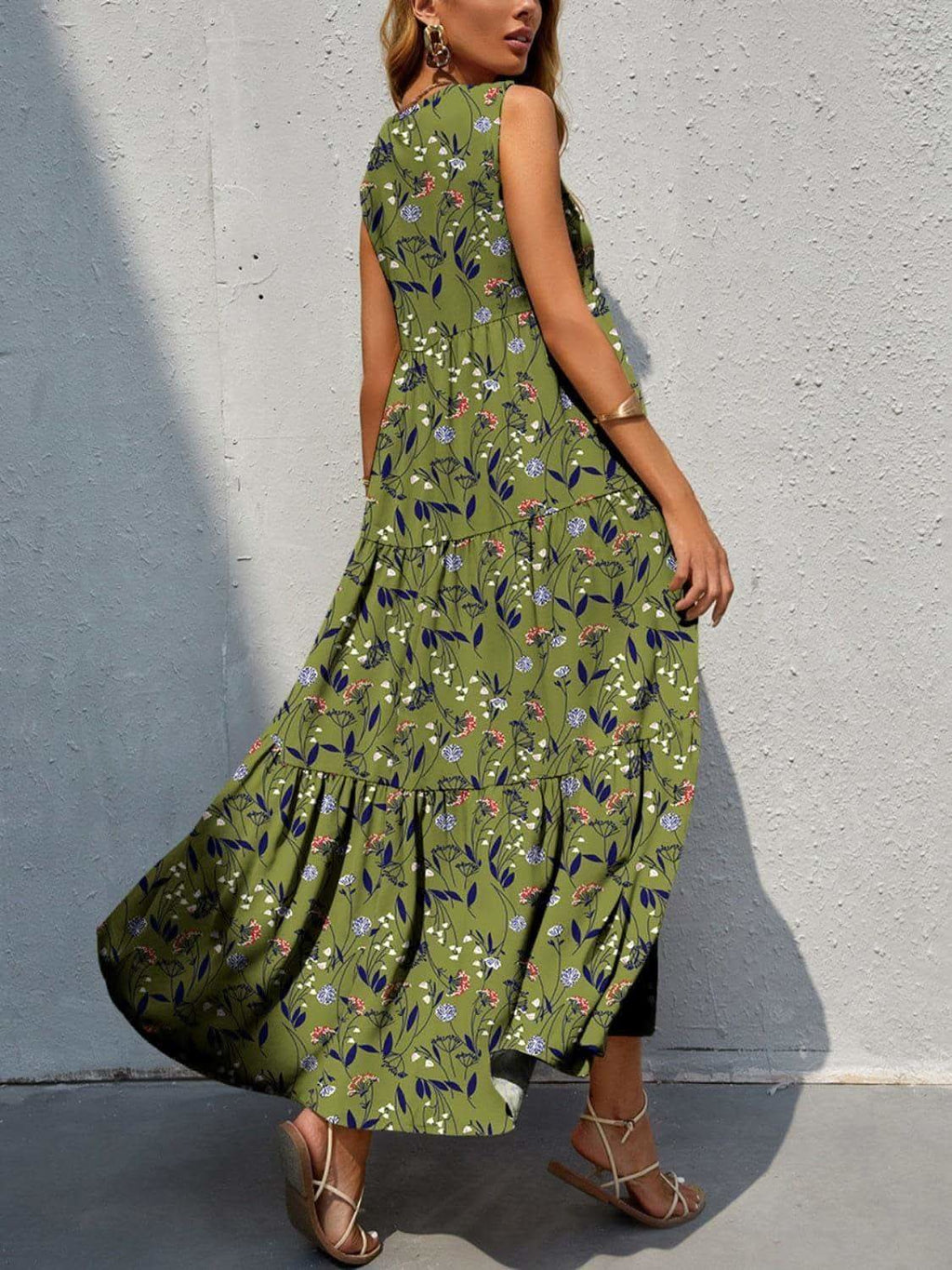 Tiered Printed V-Neck Sleeveless Dress - SwagglyLife Home & Fashion