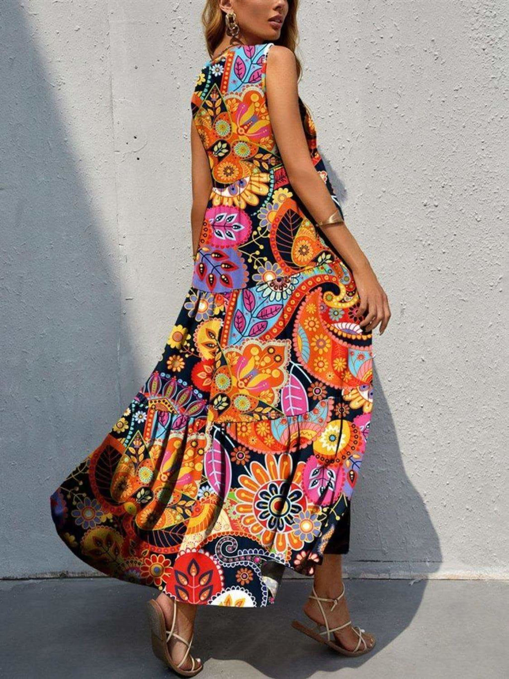 Tiered Printed V-Neck Sleeveless Dress - SwagglyLife Home & Fashion