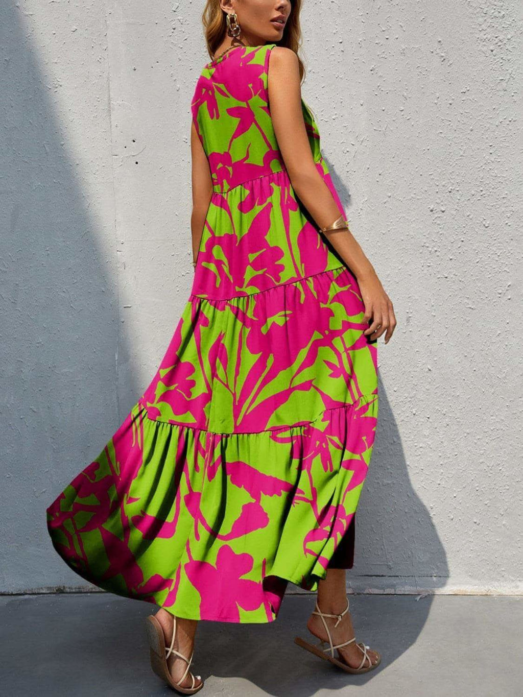 Tiered Printed V-Neck Sleeveless Dress - SwagglyLife Home & Fashion