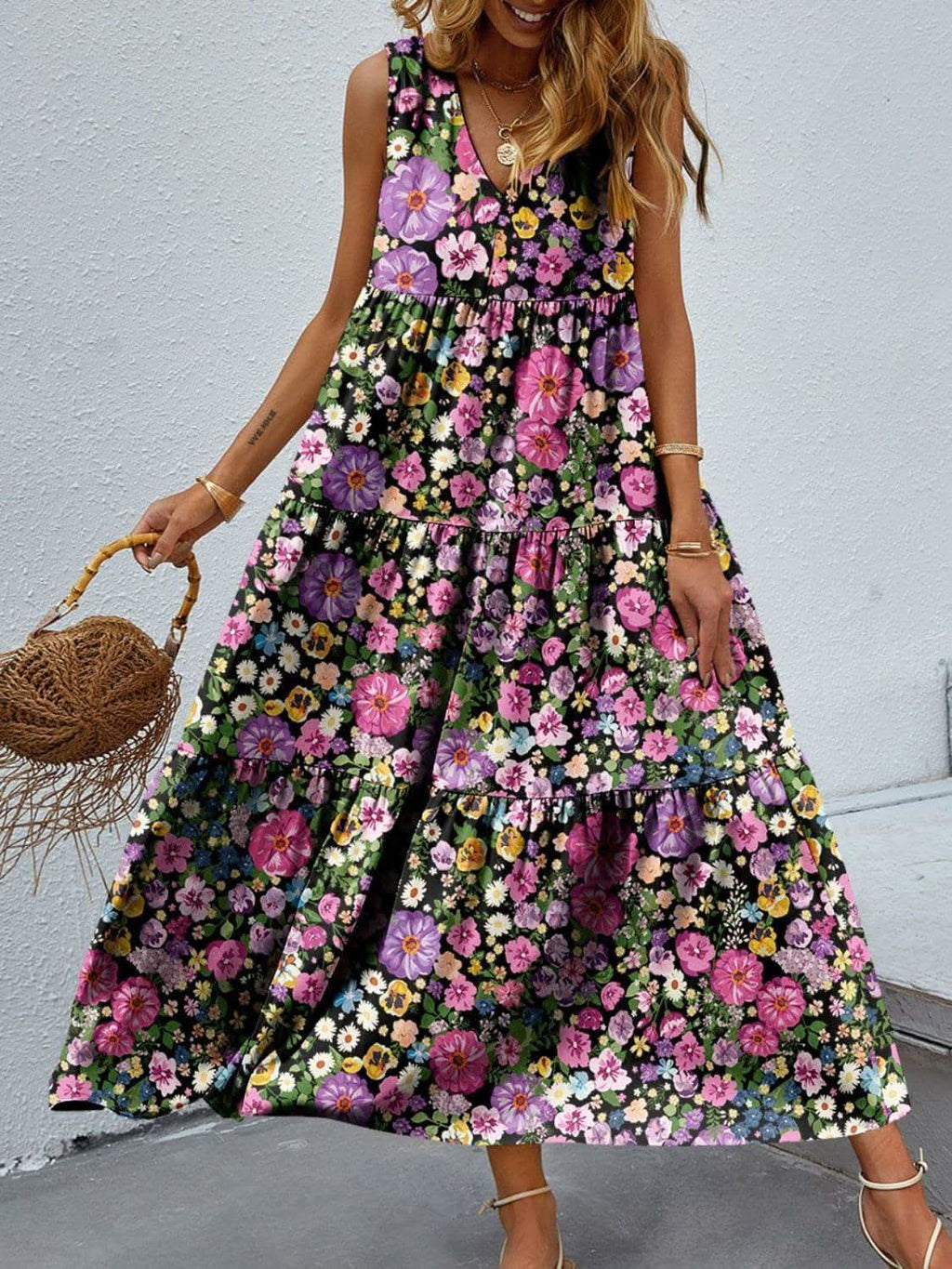 Tiered Printed V-Neck Sleeveless Dress - SwagglyLife Home & Fashion