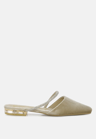Turnon Velvet Diamante Detail Flat Mules in Khaki - Flats photo