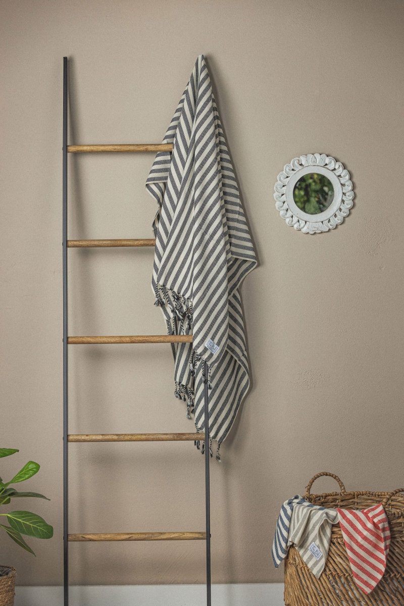 Vertical Stripe Turkish Beach Towel – Full-Size, Handwoven with Tassels – Modern Design in Black - Beach Towel photo