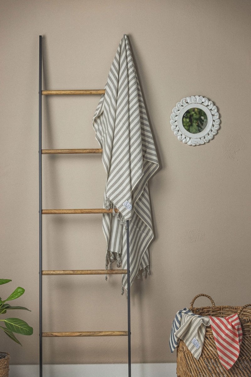 Vertical Stripe Turkish Beach Towel – Full-Size, Handwoven with Tassels – Modern Design in Taupe - Beach Towel photo