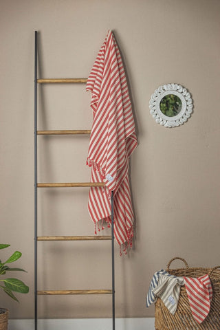 Vertical Stripe Turkish Beach Towel – Full-Size, Handwoven with Tassels – Modern Design in Red - Beach Towel photo