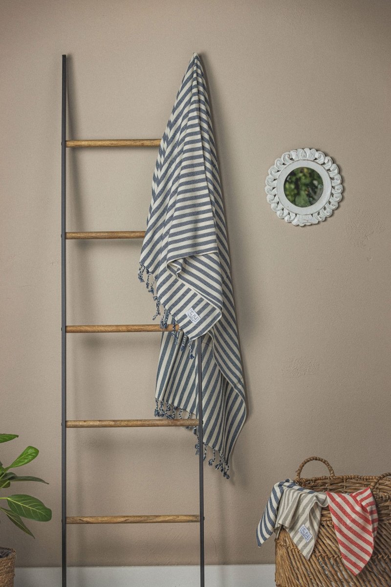 Vertical Stripe Turkish Beach Towel – Full-Size, Handwoven with Tassels – Modern Design in Navy - Beach Towel photo