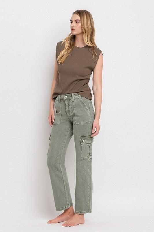 VERVET by Flying Monkey High Rise Cargo Straight Jeans - SwagglyLife Home & Fashion