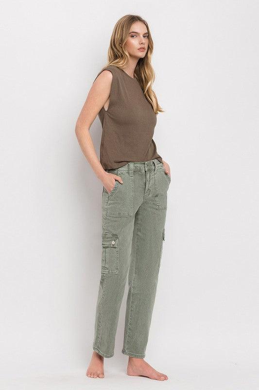 VERVET by Flying Monkey High Rise Cargo Straight Jeans - SwagglyLife Home & Fashion