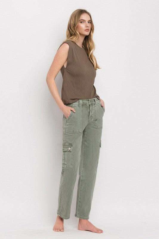 VERVET by Flying Monkey High Rise Cargo Straight Jeans - SwagglyLife Home & Fashion