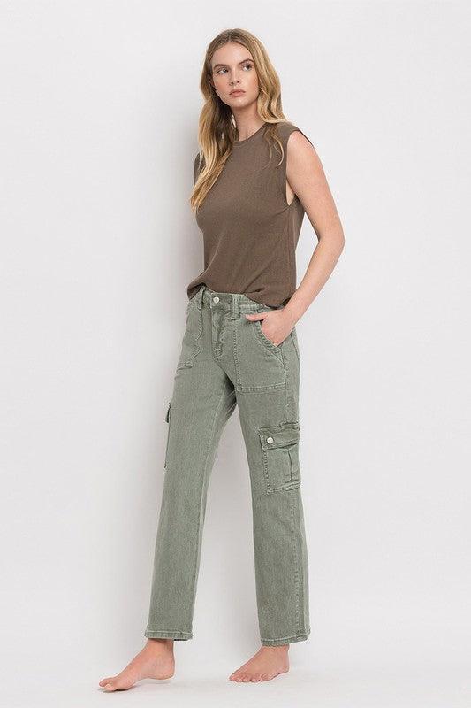VERVET by Flying Monkey High Rise Cargo Straight Jeans - SwagglyLife Home & Fashion